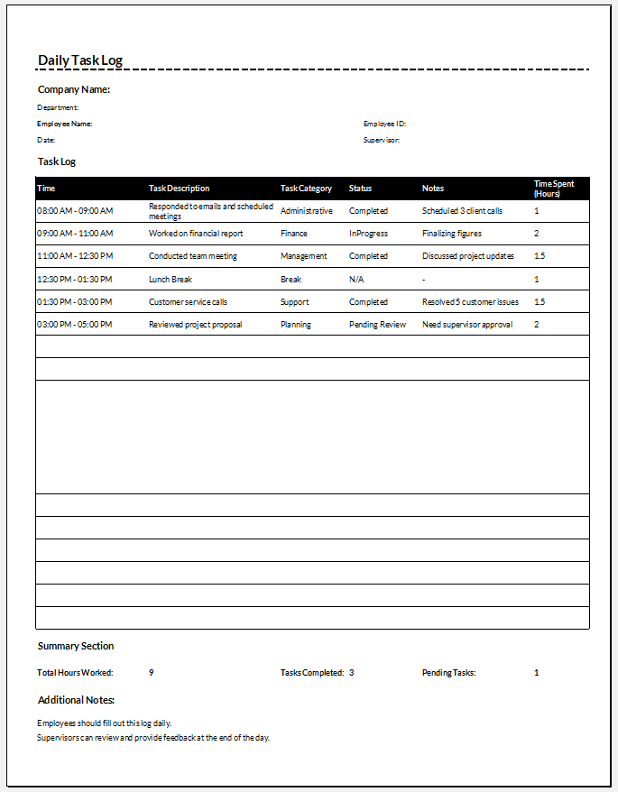 Employee Daily Task Log Template