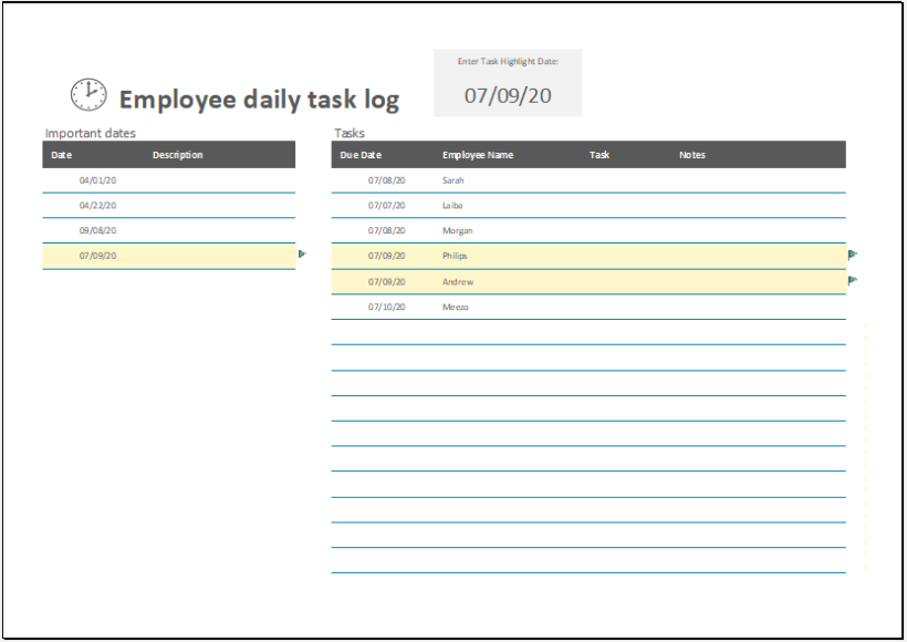 Employee Daily Task Log Template for Excel Excel Templates