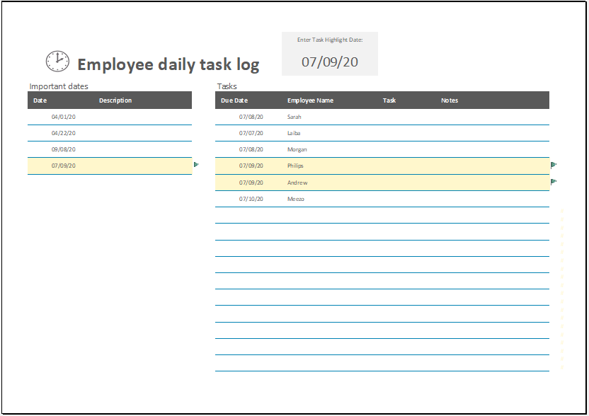 Employee Daily Task Log Template For Excel Excel Templates