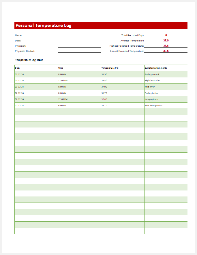 Personal Temperature Log Template for Excel