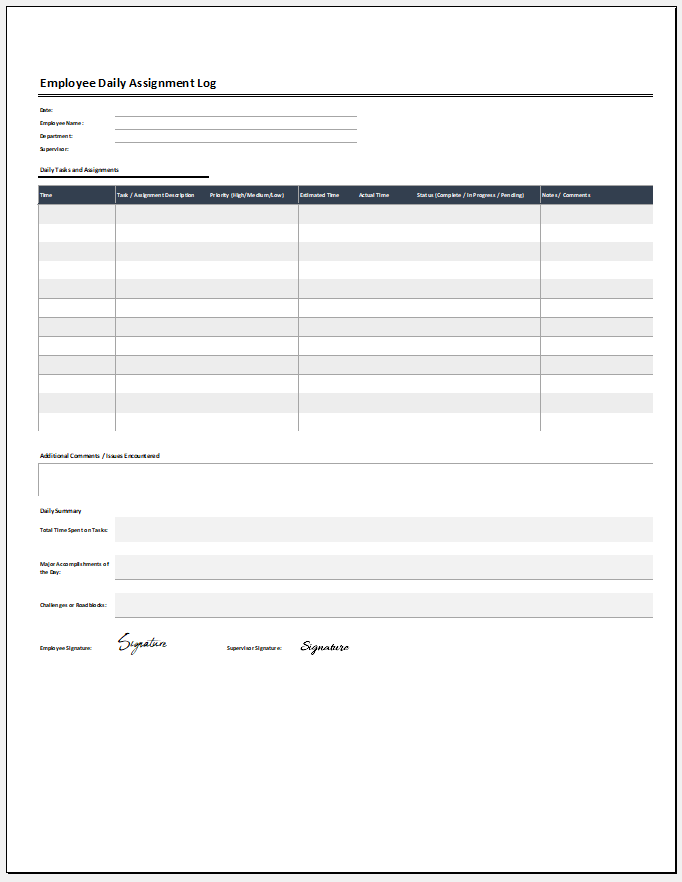 Employee Daily Assignment Log