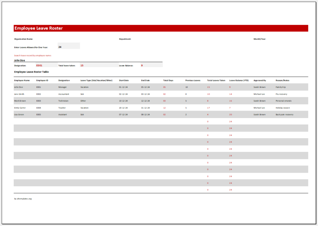 Employee Leave Roster Template for Excel