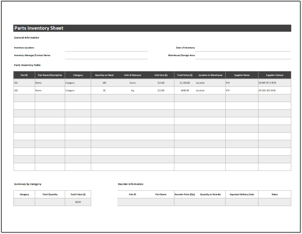 Parts inventory spreadsheet template