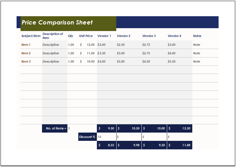 Comparison Sheet Excel Template