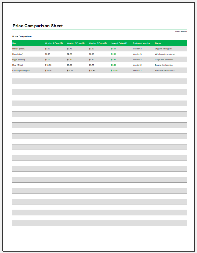 Price Comparison Sheet Template