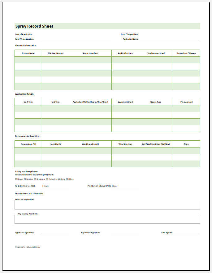 Spray Record Sheet Template for Excel