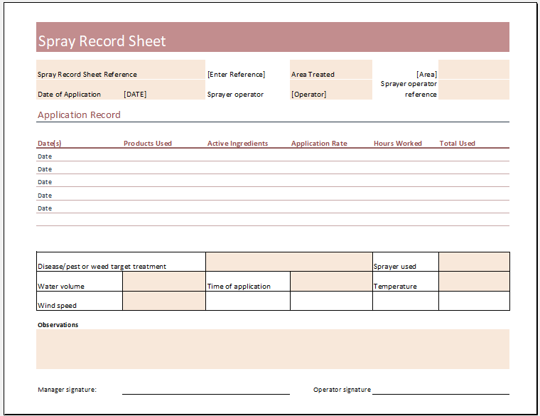 Spray Record Sheet Template For Excel Excel Templates