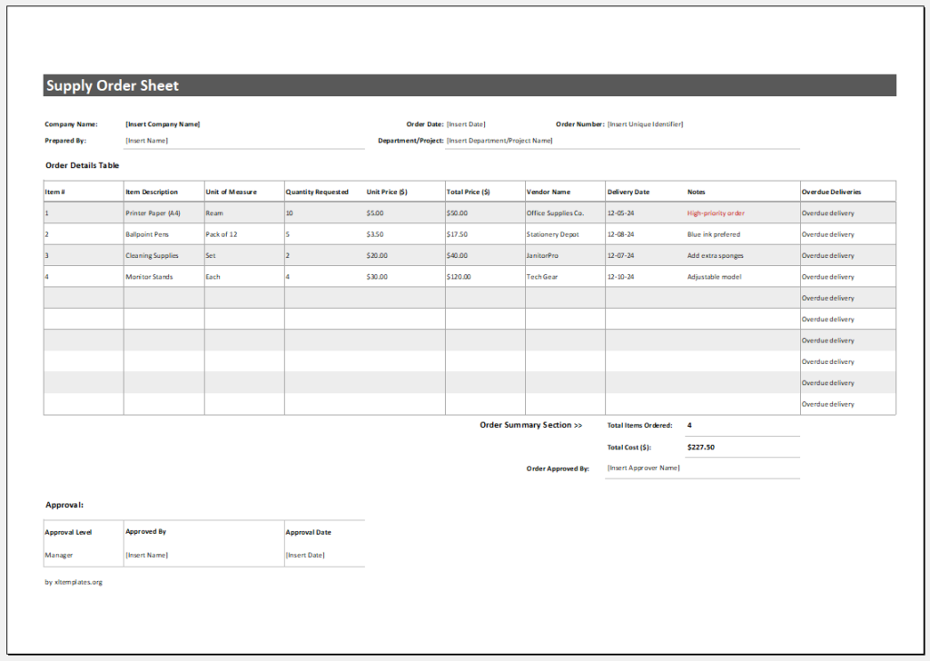 Supply Order Sheet Template