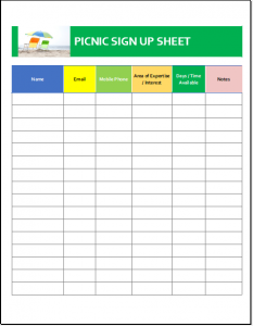 Picnic Sign Up Sheet Templates | Excel Templates