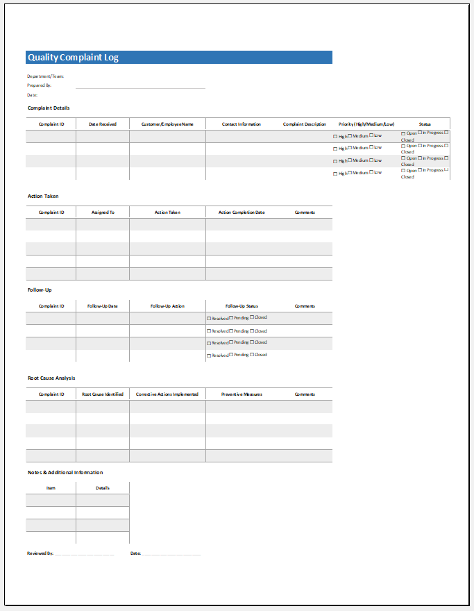 Quality Complaint Log Template