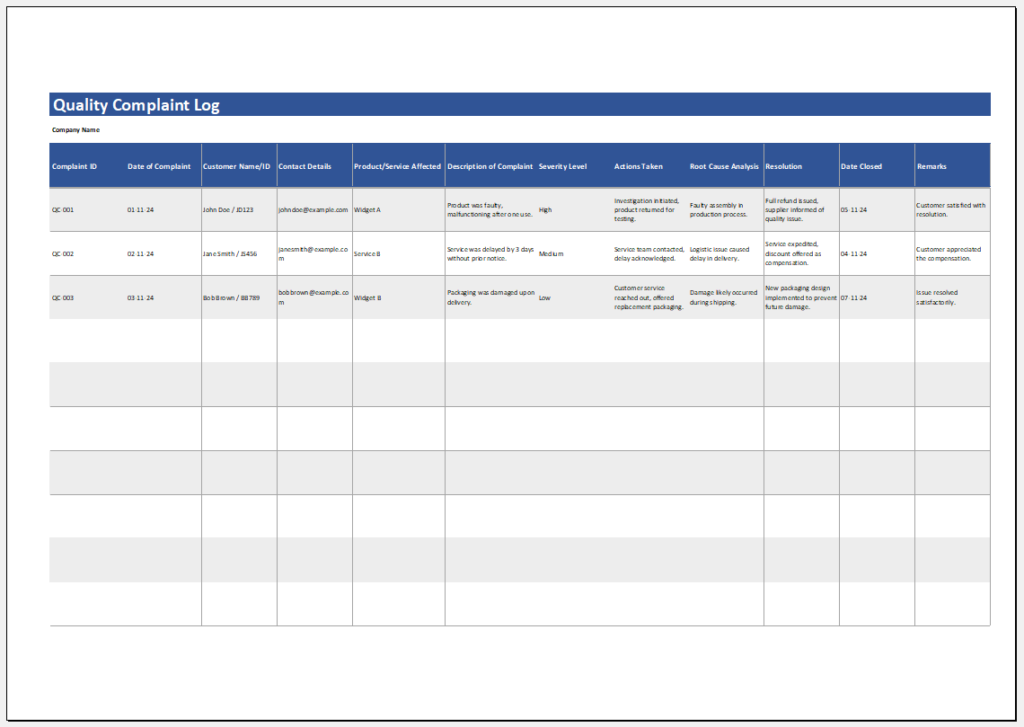 Quality complaint log