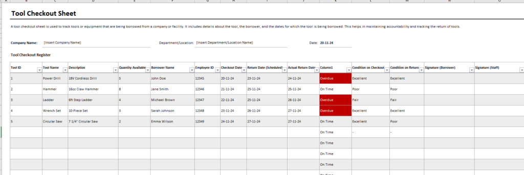 Tool Checkout Sheet Template