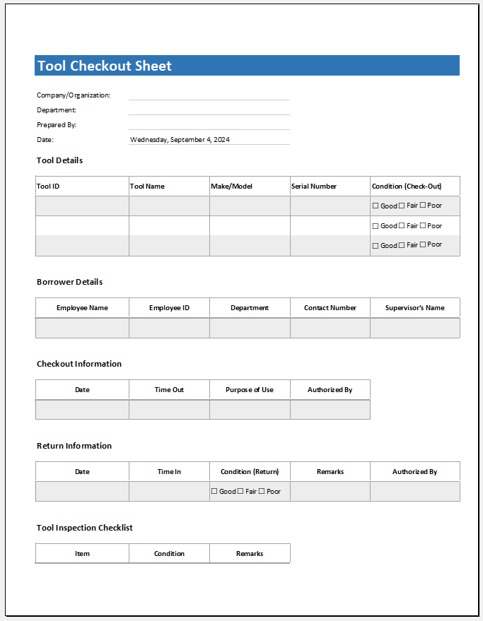 Tool checkout sheet template