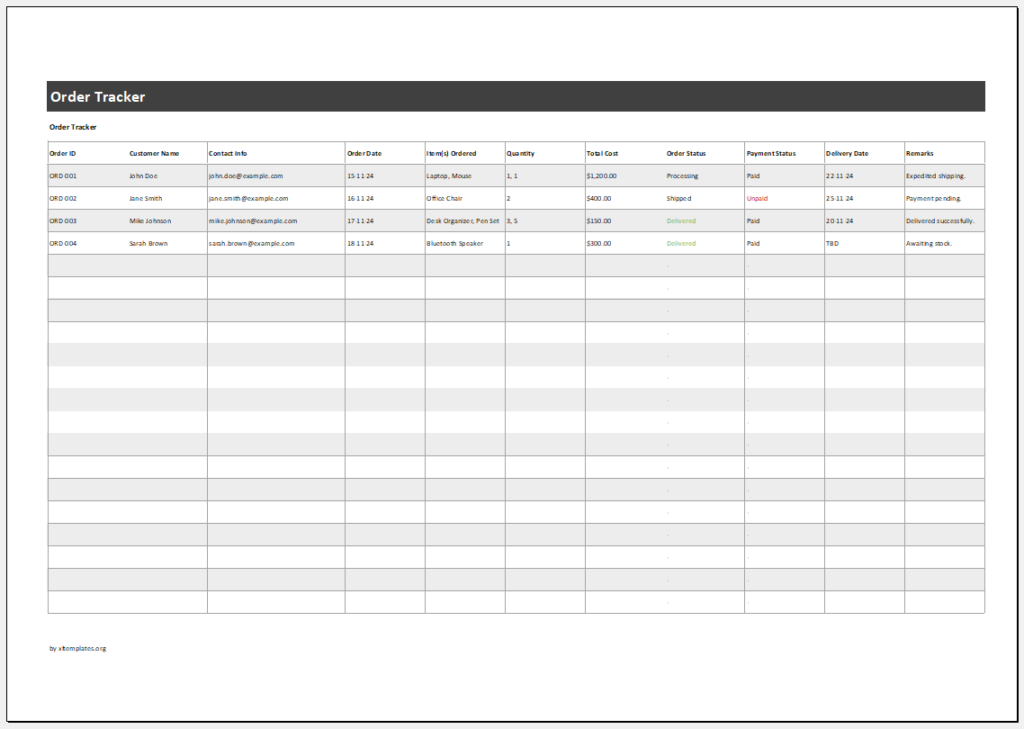 Order Tracker Template for Excel