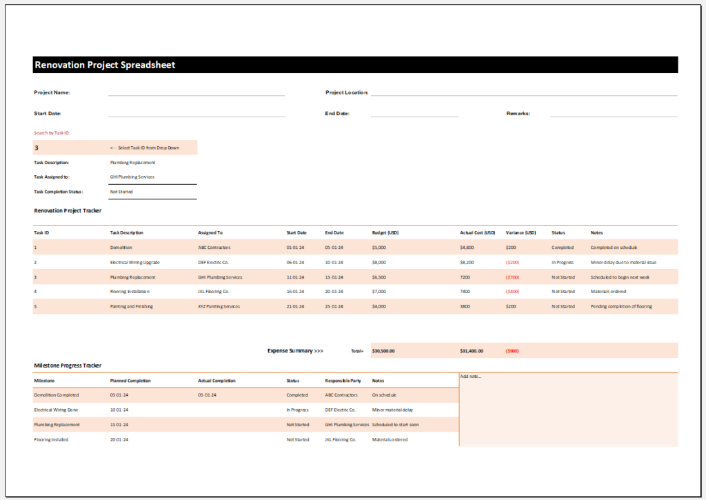 Renovation project Spreadsheet