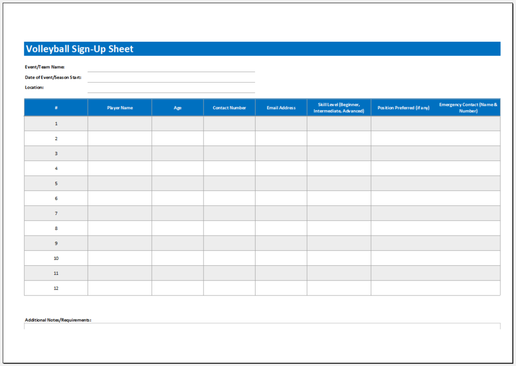 Volleyball Sign-Up Sheet Template