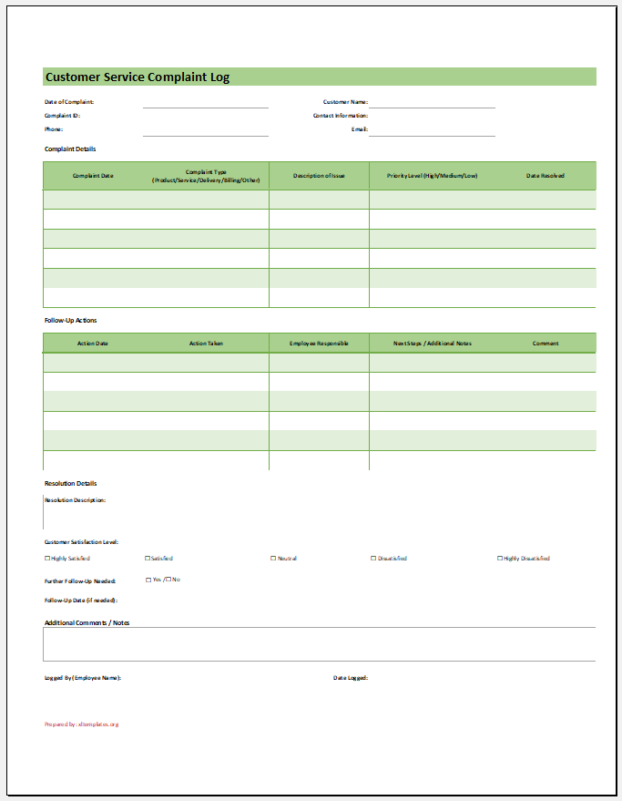 Customer Service Complaint Log