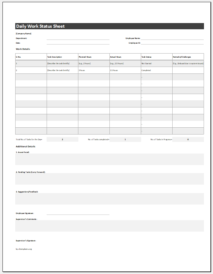 Daily Work Status Sheet Template | FREE Download for Excel