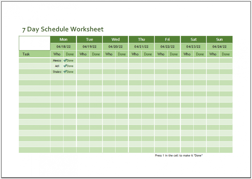 7 Day Schedule Worksheet Template for .xls Excel Templates