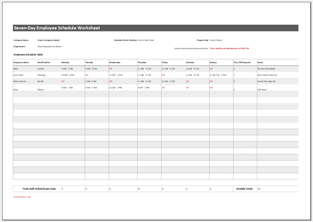 Seven-Day Employee Schedule Worksheet