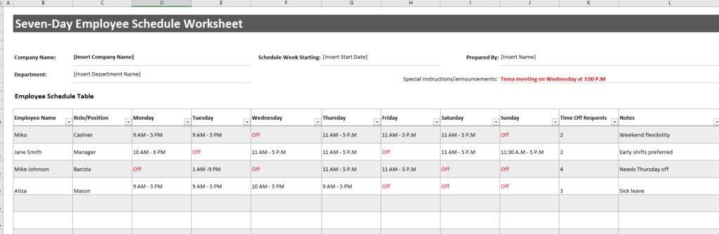 Seven-Day Employee Schedule Worksheet