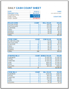 Daily Cash Count Sheet Template Download for Excel ( xls)