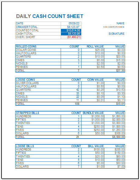 Daily Cash Count Sheet Template Download For Excel xls 