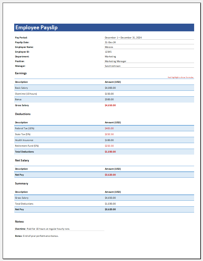 Employee Payslip Sheet Template for Excel