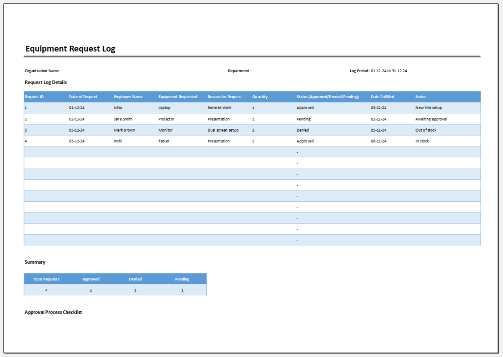 Equipment Request Log Template for Excel