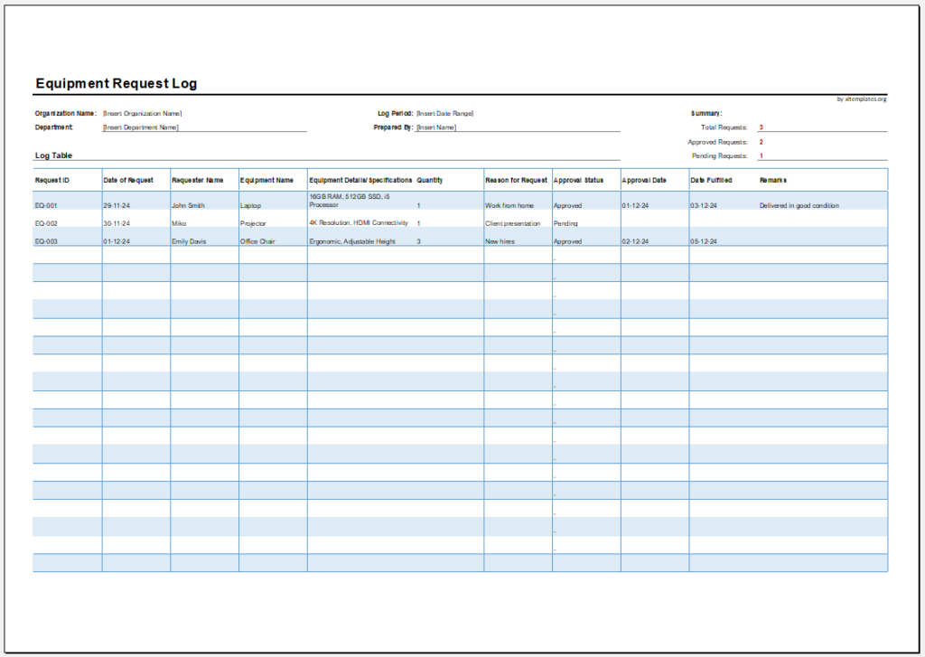 Equipment Request Log Template for Excel