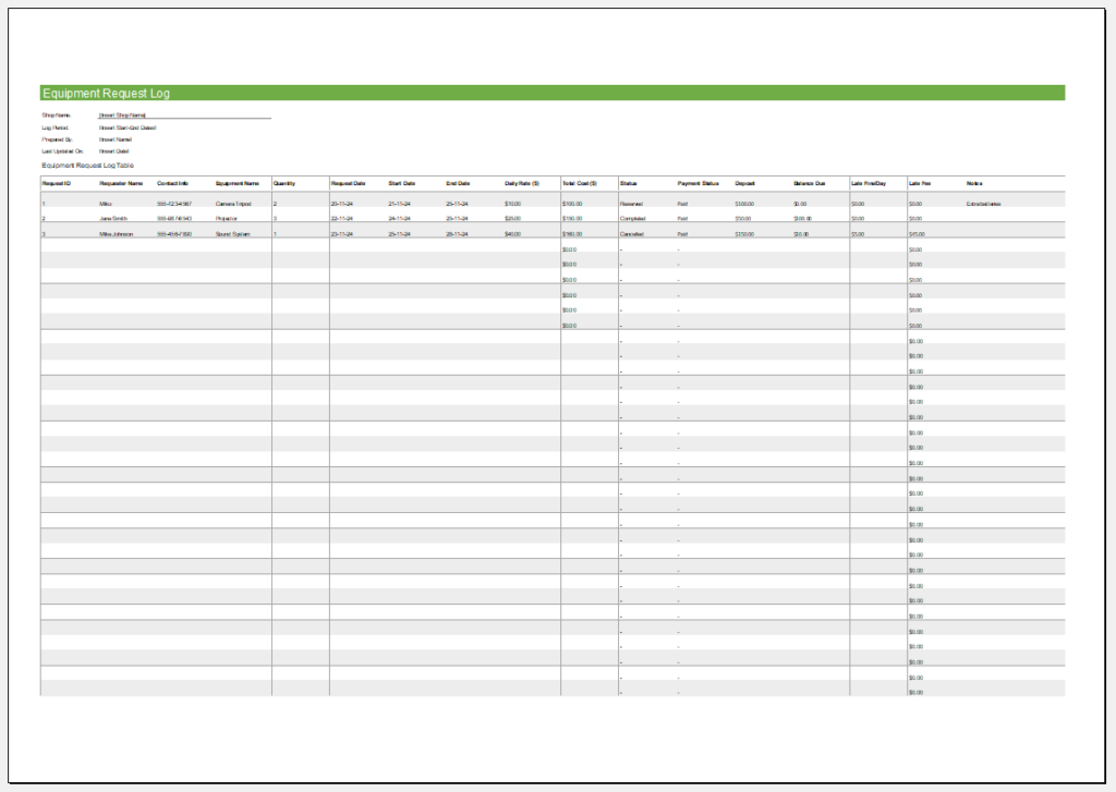 Equipment Request Log Template for Renting Shop