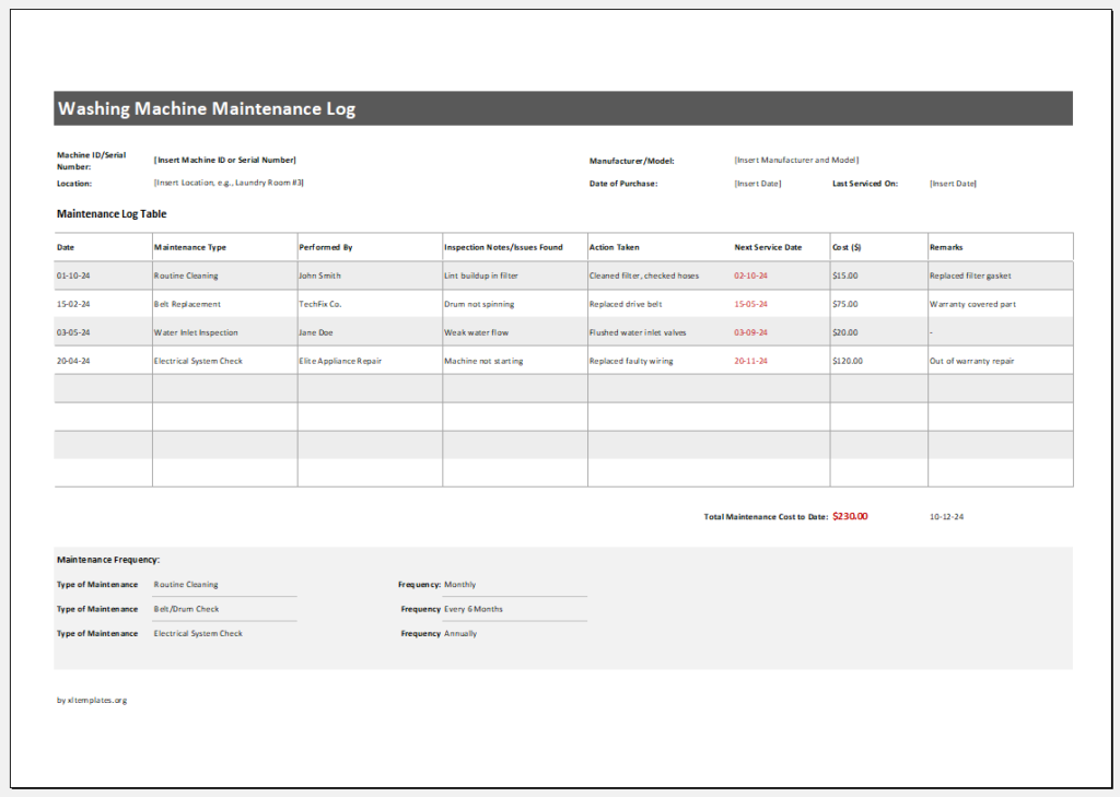 Washing Machine Maintenance Log