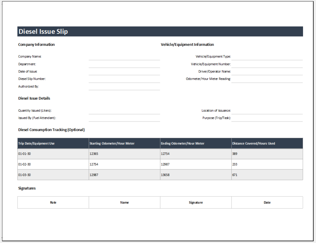 Diesel issue slip template