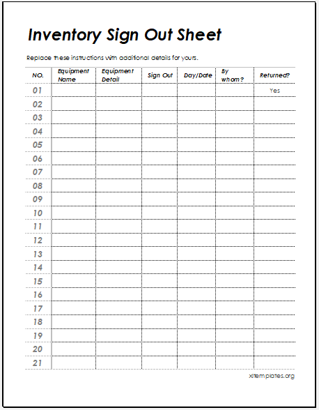 Inventory Sign Out Sheet Template Download xls File