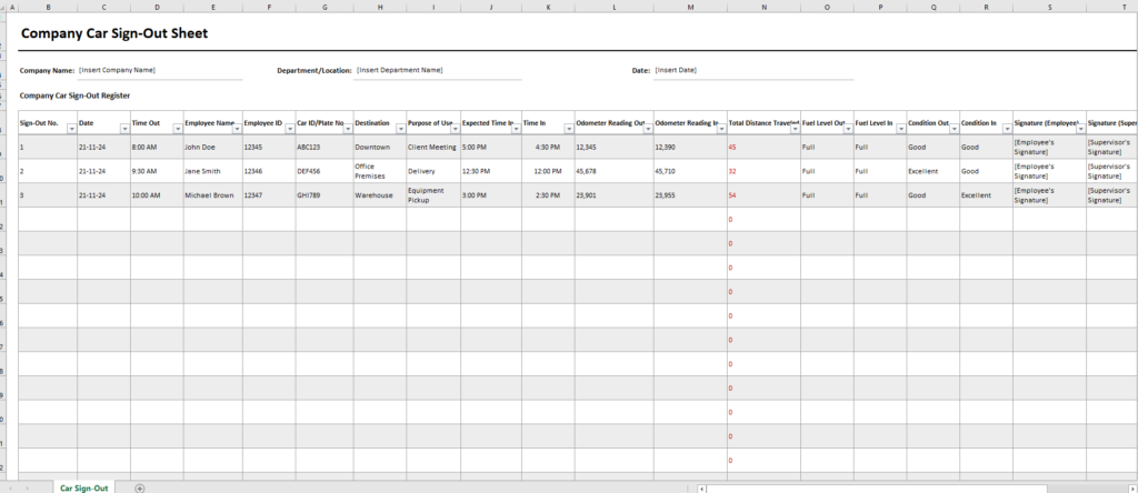 Company Car Sign-Out Sheet Template