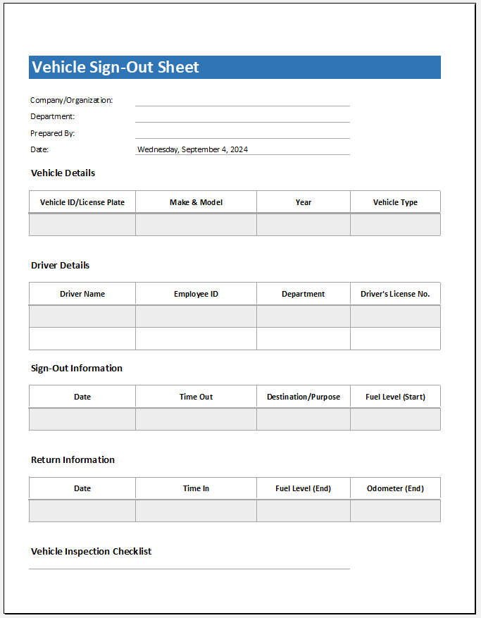 Vehicle sign out sheet template