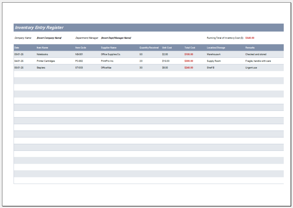 Inventory Entry Register Template for Excel