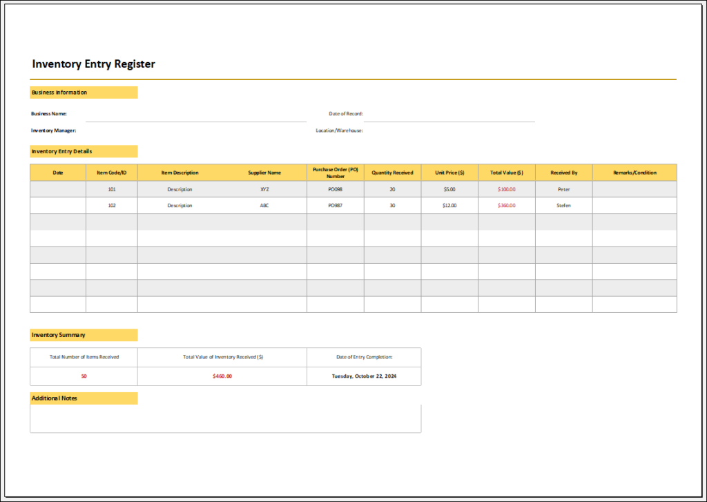 Inventory Entry Register Template for Excel