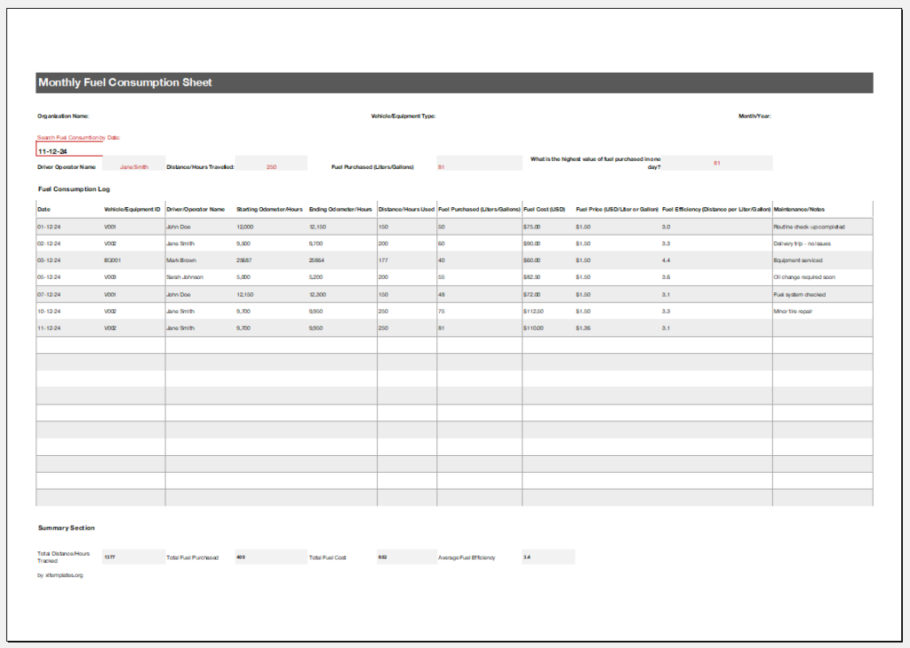 Monthly Fuel Consumption Sheet Template for Excel