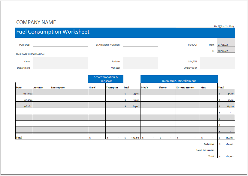 Monthly Fuel Consumption Worksheet Excel xlsx Template