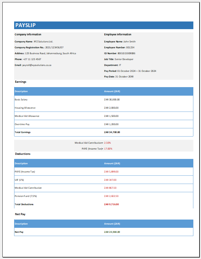 South African Pay Slip Template