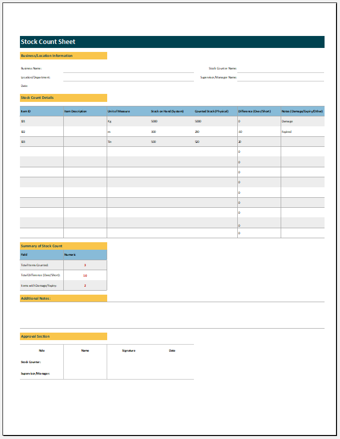 Stock Count Sheet Template for Excel