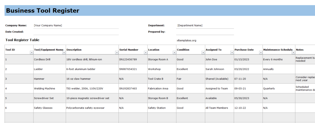 Business Tool Register Template for Excel 