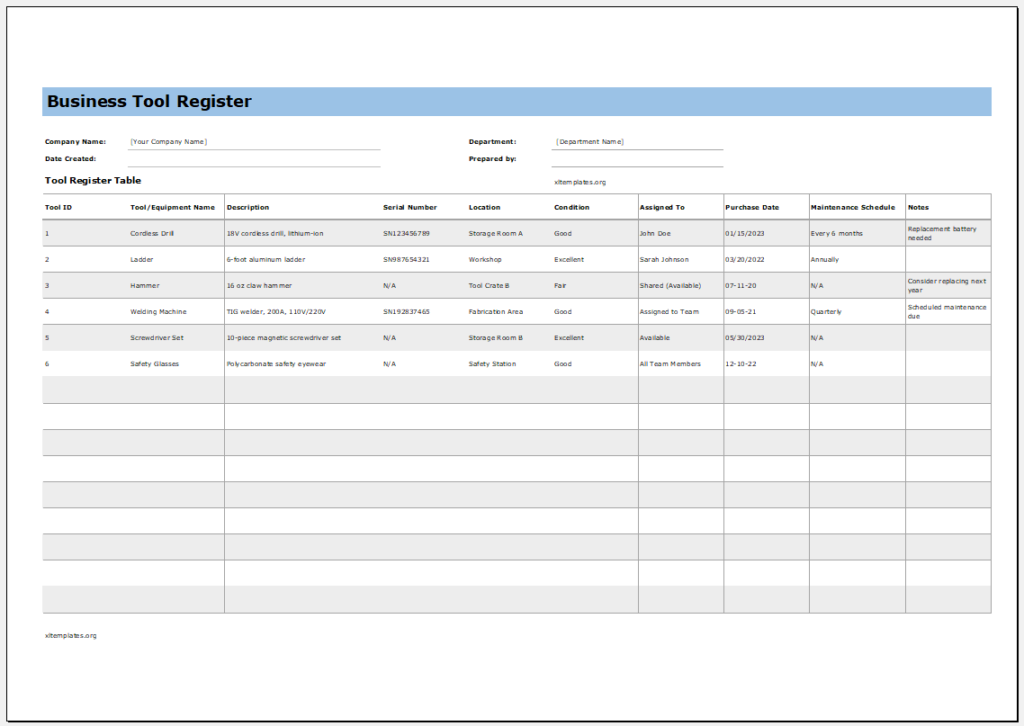 Business Tool Register Template for Excel