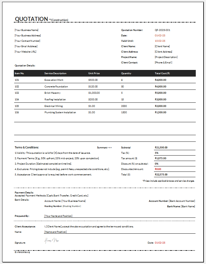 Construction Quotation Template for Excel