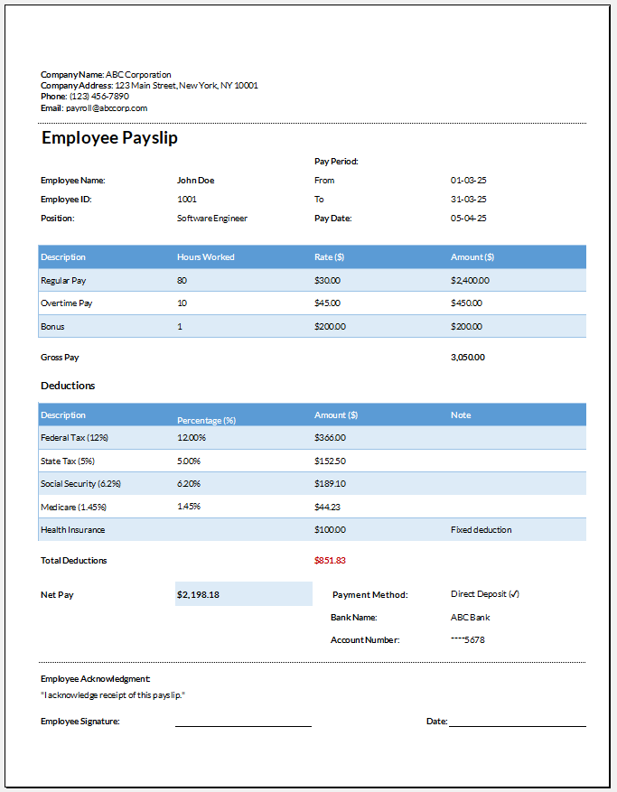 Employee Payslip Template for Excel