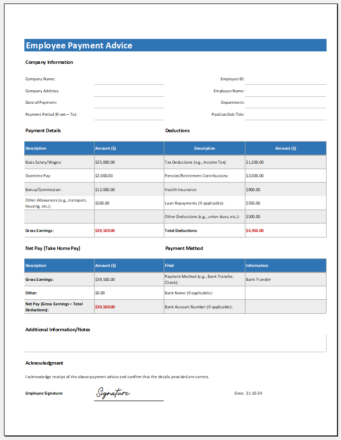 Employee Payment Advice Template for Excel