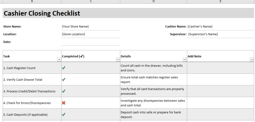 Cashier Closing Checklist Template