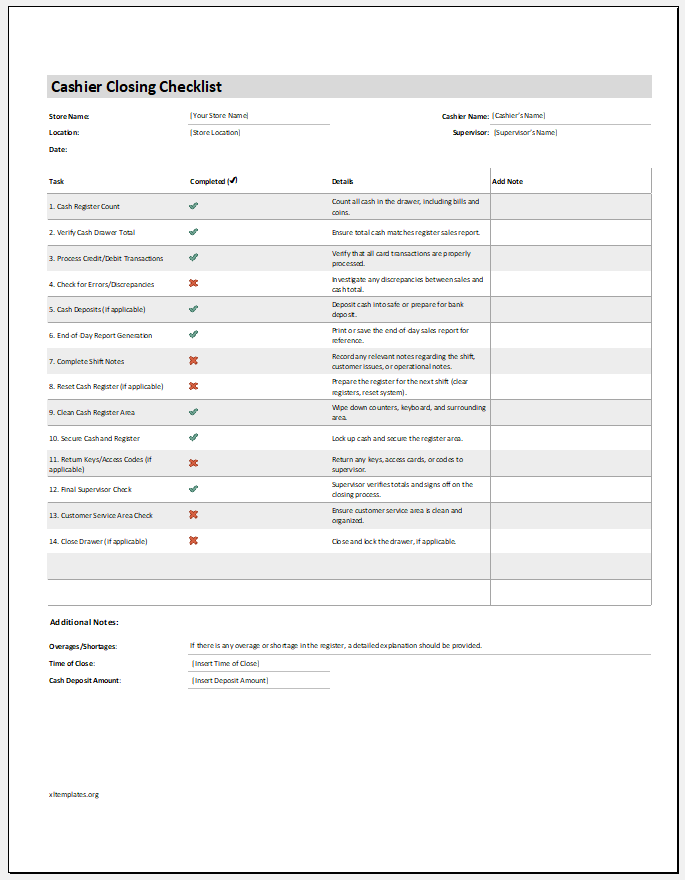 Cashier Closing Checklist Template