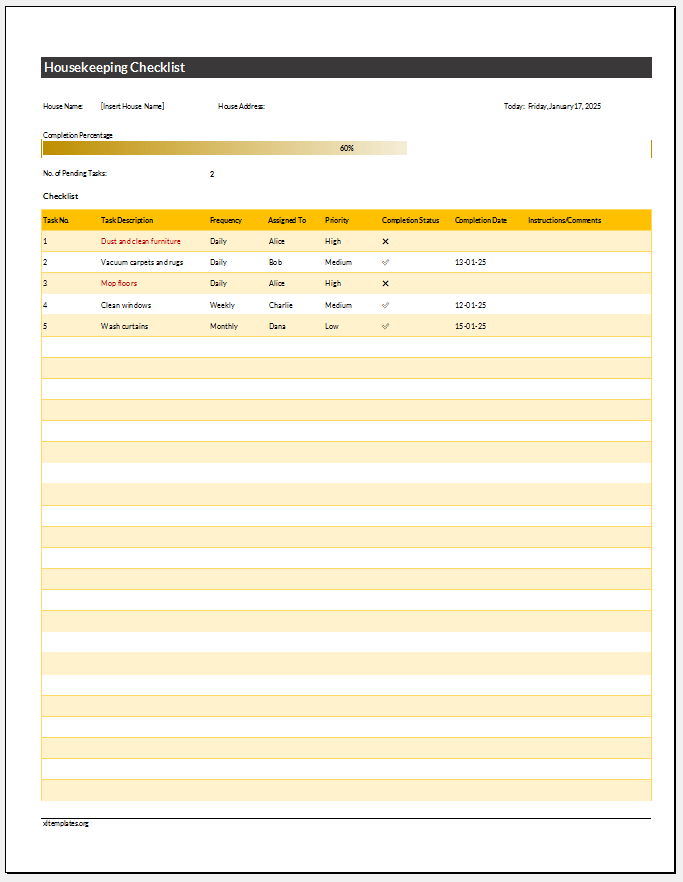 Housekeeping Checklist Template for Excel